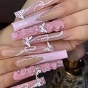 Pink French 24 Tip Press On Nails - Medium Almond Flowers Design Glue Press Ons